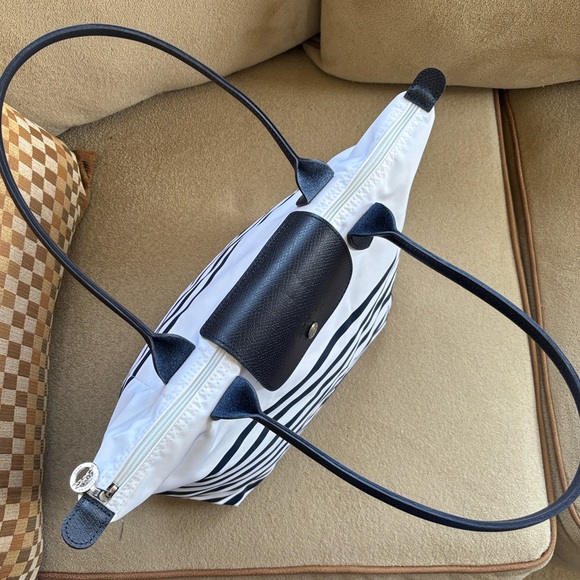 Longchamp Le Pliage Mariniere Zippered Shoulder Tote Blue White Nautical Stripes - Picture 13 of 16